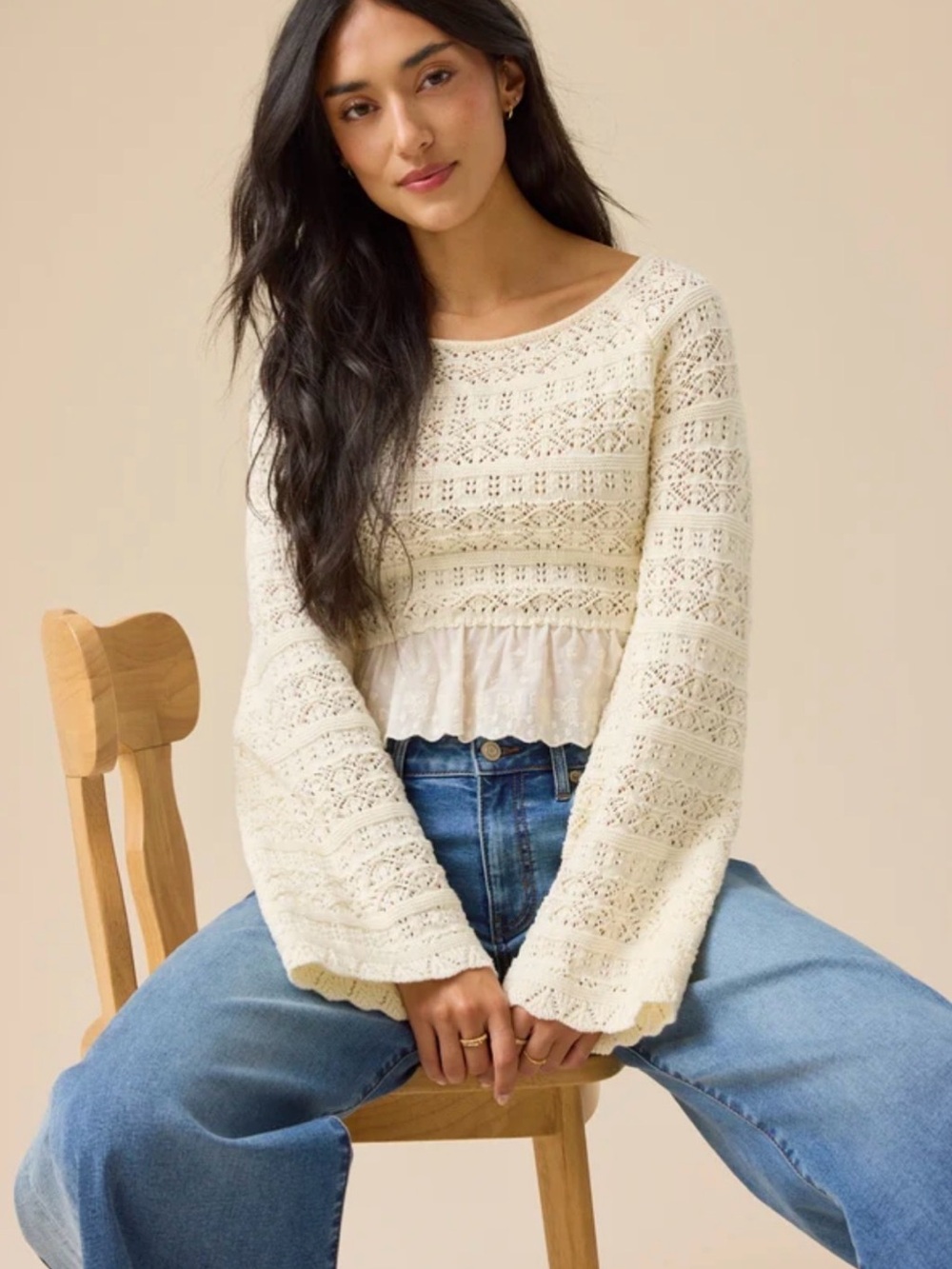 Altar'd State Cream Crochet Peplum Sweater